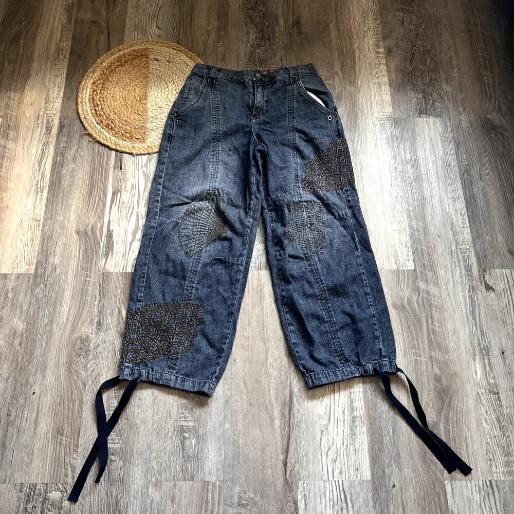 PILCRO Womens Size 10 Embroidered Denim Crop Pants Blue Patchwork Tie Hem Boho
